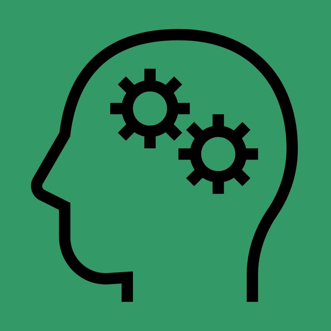 human head outline with cogs in cranium.