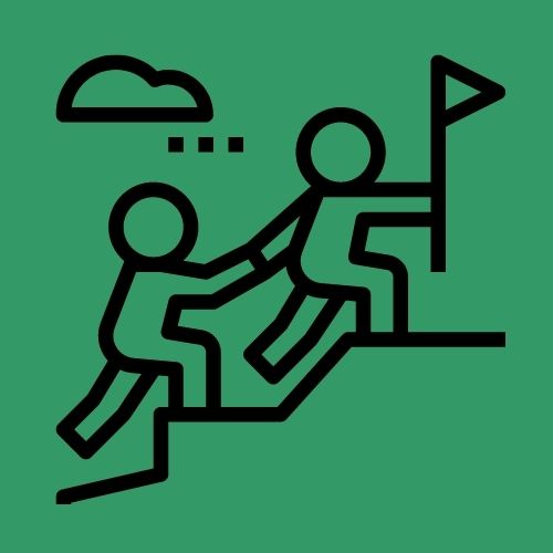 two human figures, hand-in-hand, one leading the other up a hill.