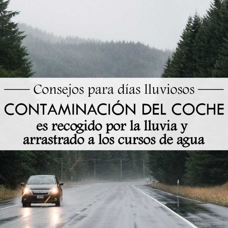A car drives on a wet forest road in the rain. Overlaid Spanish text reads: “Consejos para días lluviosos — Contaminación del coche es recogido por la lluvia y arrastrado a los cursos de agua,” meaning “Tips for rainy days — Car pollution is picked up by rain and carried into waterways.”