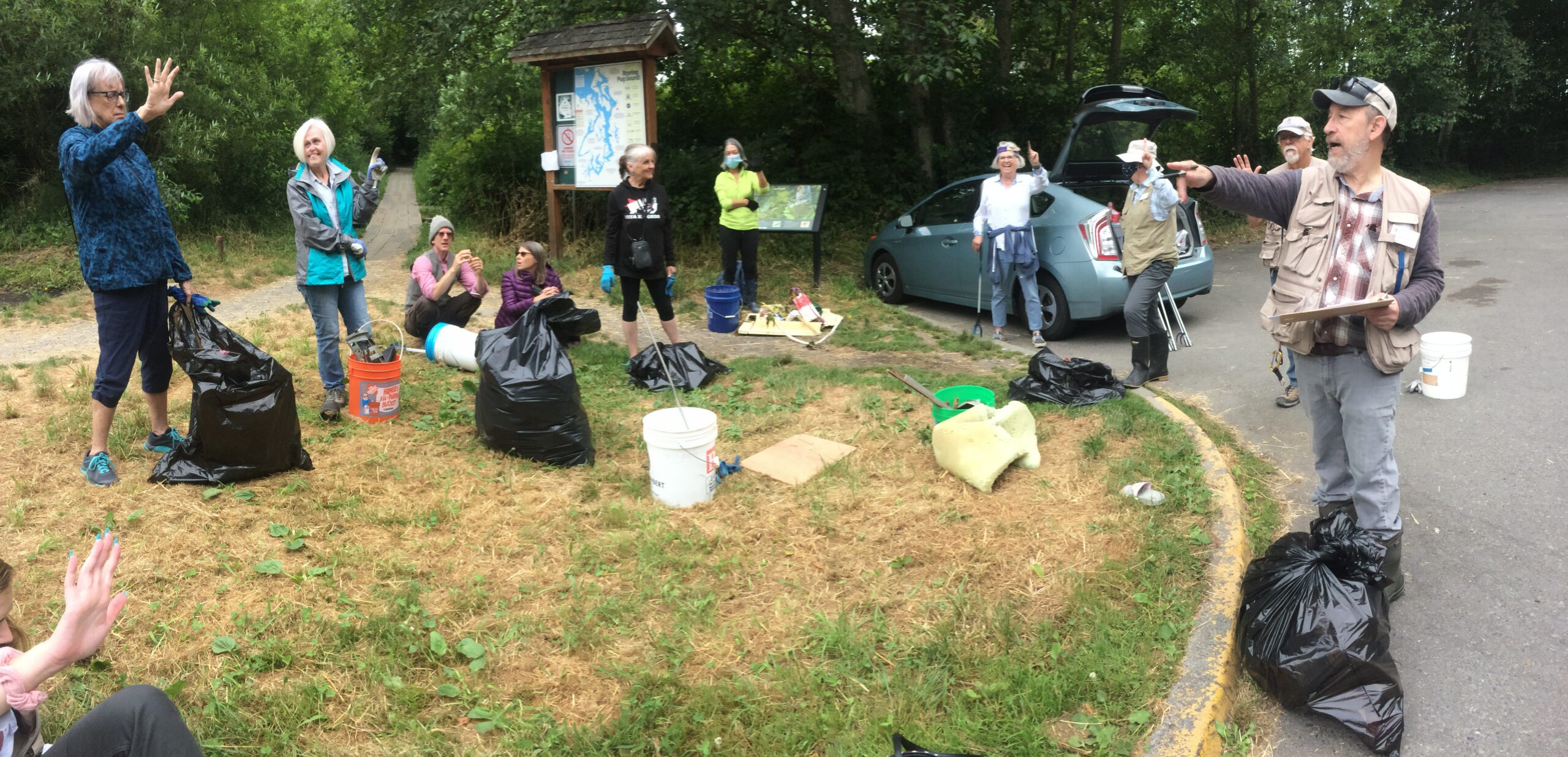 Volunteers counting trash after a beach clean up