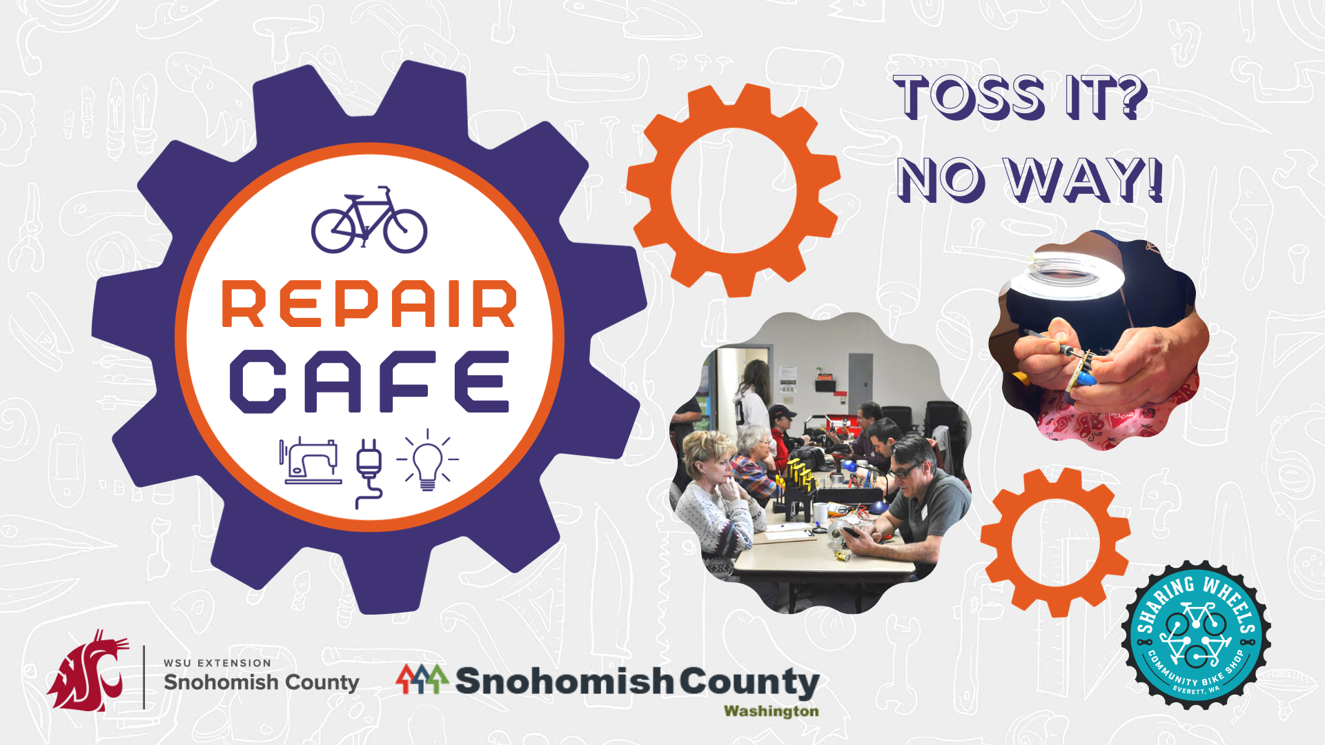 People with items being repaired, hands repairing items, and a gear that says Repair Cafe in it