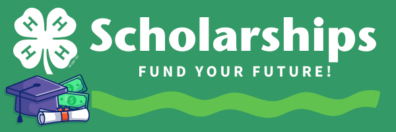 4-H Clover, mortar board, diploma, dollars:  "Scholarships:  Fund your future."