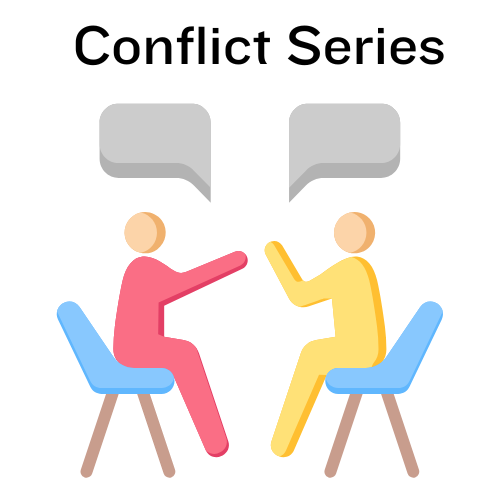 Conflict series logo. Two people facing each other, talking.