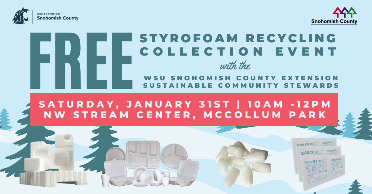 Banner for the Styrofoam event including event time and location and photos of Styrofoam.