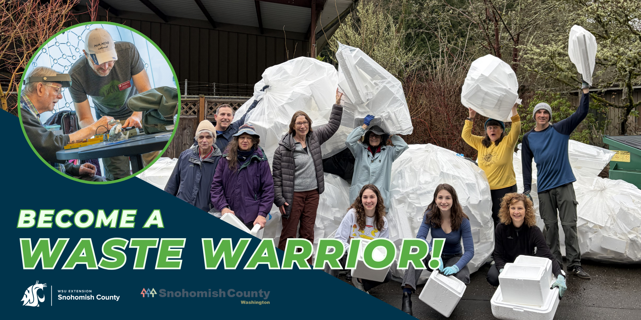 Group of people posing with large bags of Styrofoam. There is another image in the corner of two men trying to fix a small appliance.