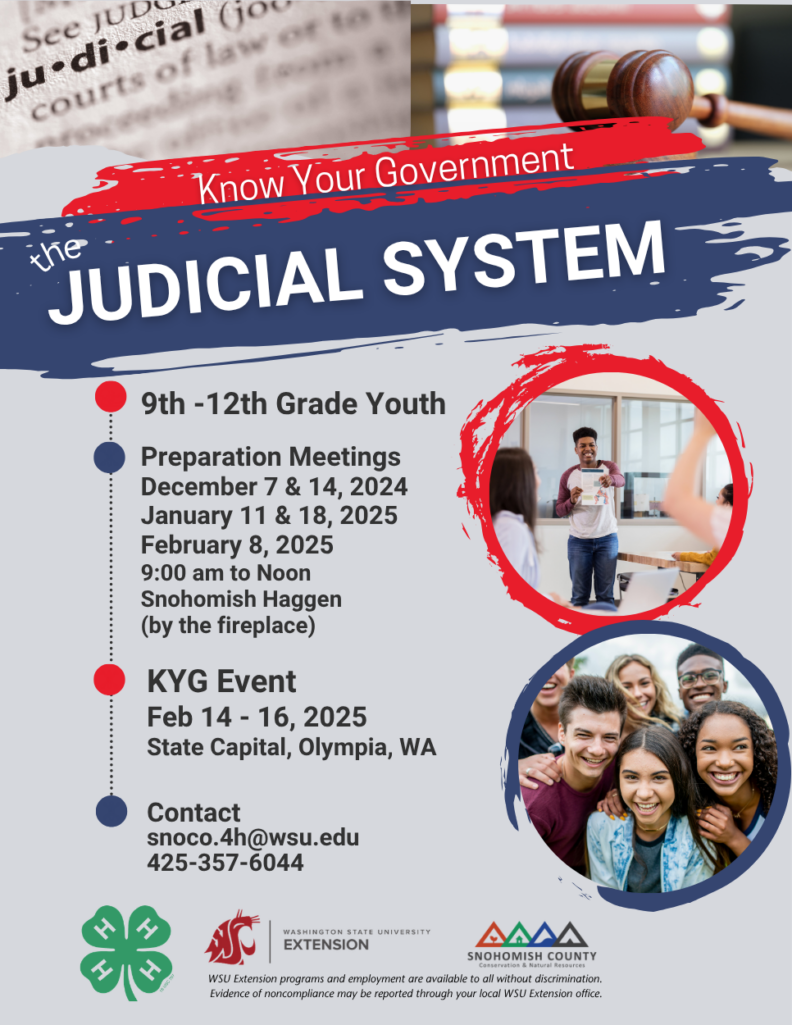 Sample flyer for Know Your Government: the Judicial System. Contains logos of 4-H, Snohomish County, and WSU Extension. For 9th to 12th grade youth. Preparation meetings December 7 & 14, 2024, January 11 & 18, 2025, and February 8, 2025, 9:00 a.m. to noon at the Snohomish Haggen, by the fireplace. KYG events is February 14-16, 2025, at the State capital, Olympia, WA. Contact snoco.4h@wsu.edu or 425-357-6044. Images show racially diverse teens smiling.