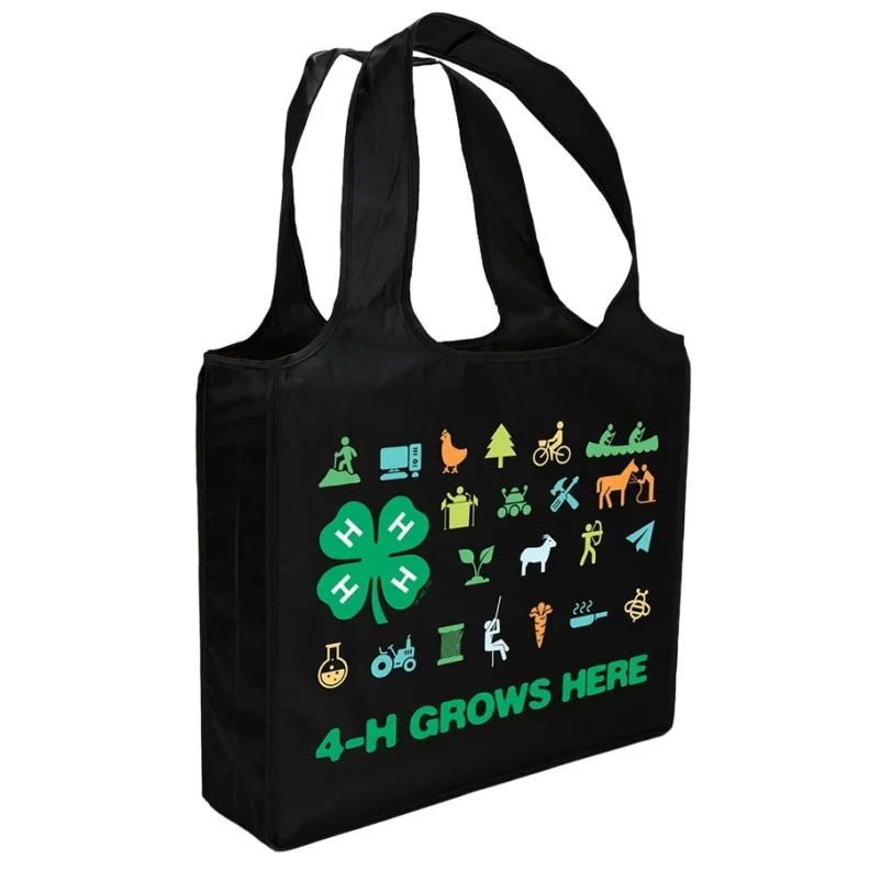 Reusable tote bag with 4-H clover, 4-H grows here, and multi-colored 4-H icons.