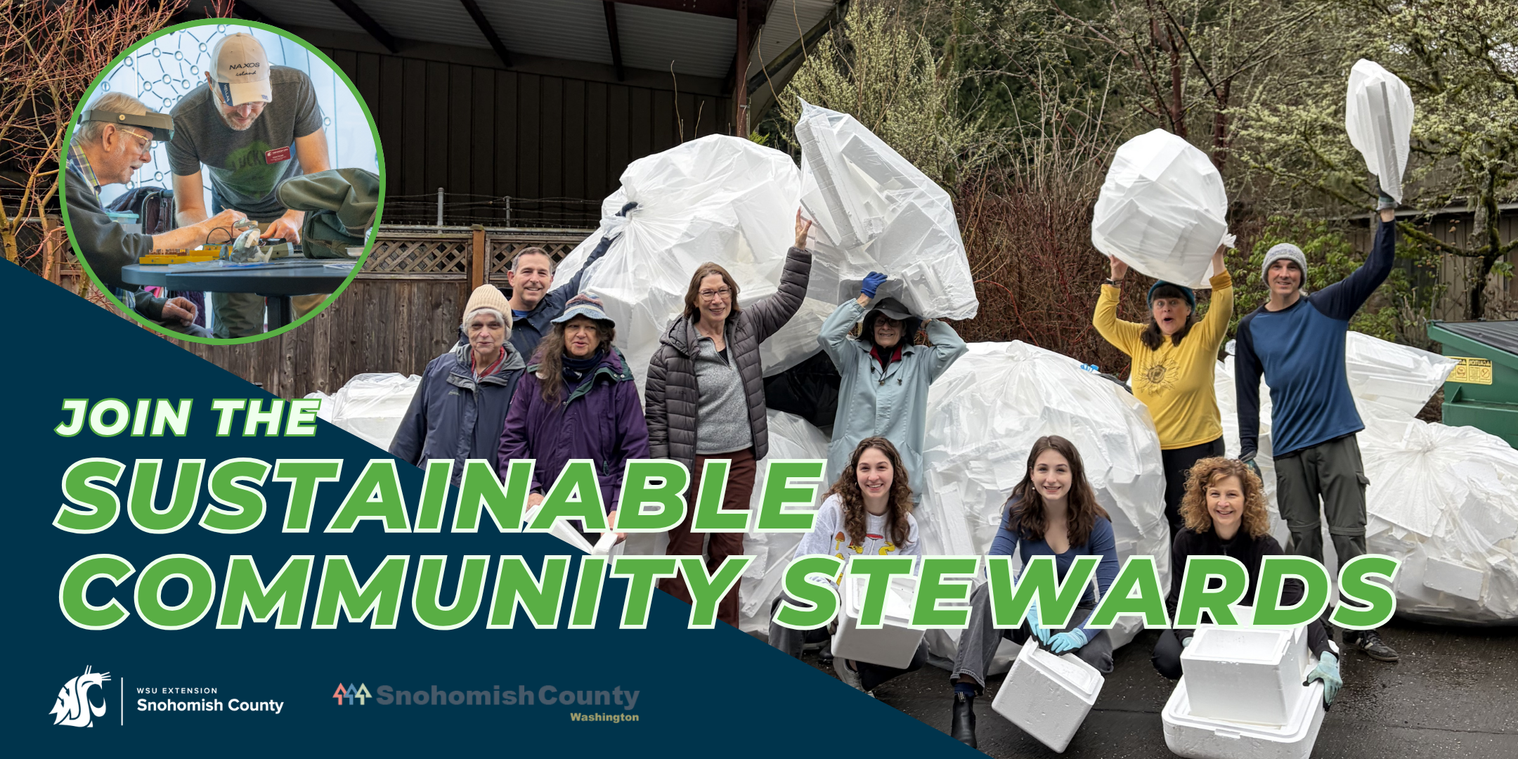 A group of volunteers surrounded by Styrofoam.