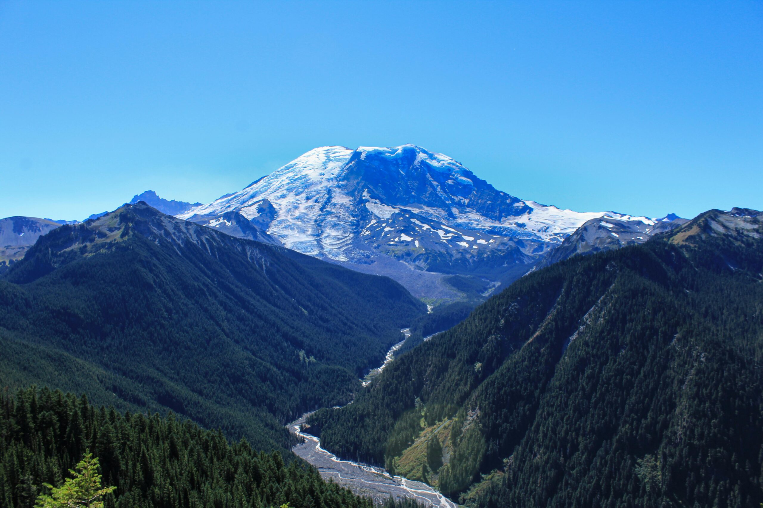 Mt St. Helens with stream in foreground