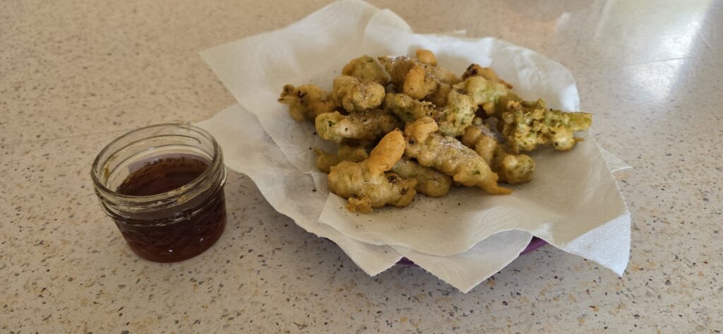 Bigleaf maple fritters and a small bowl of bigleaf maple syrup