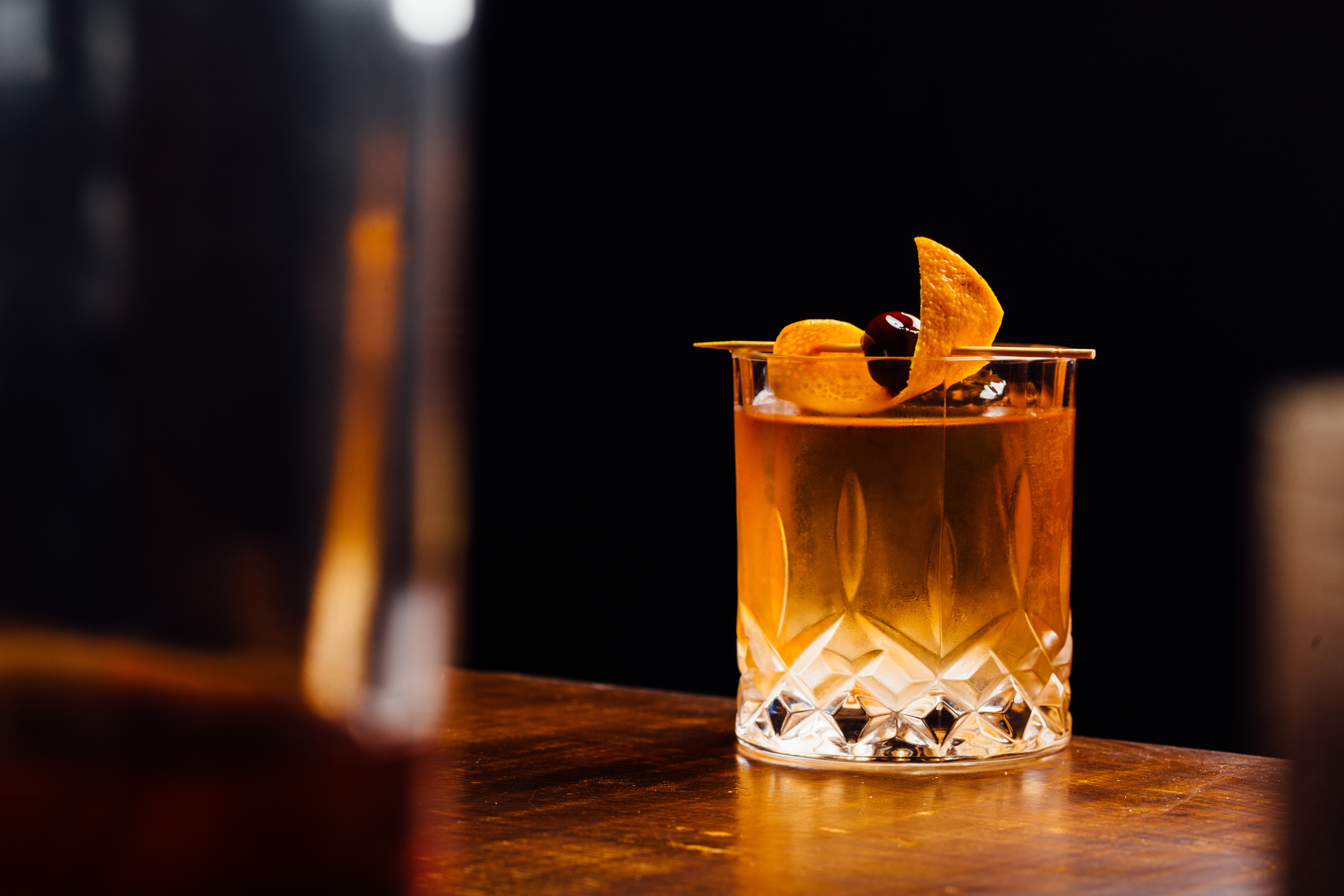 A cocktail on a table.