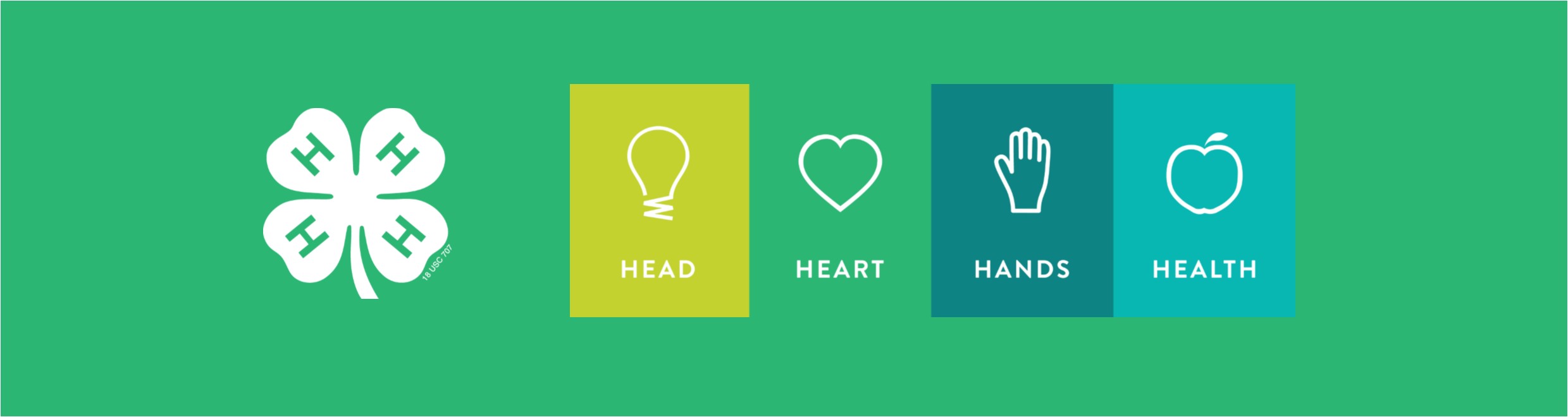 4-H clover and icons depicting Head, Hands, heart, Health