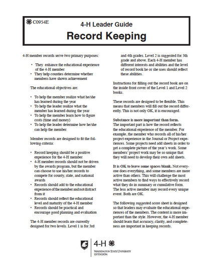 The first page of the Washington State University Extension guide for 4-H leaders on Record Keeping.