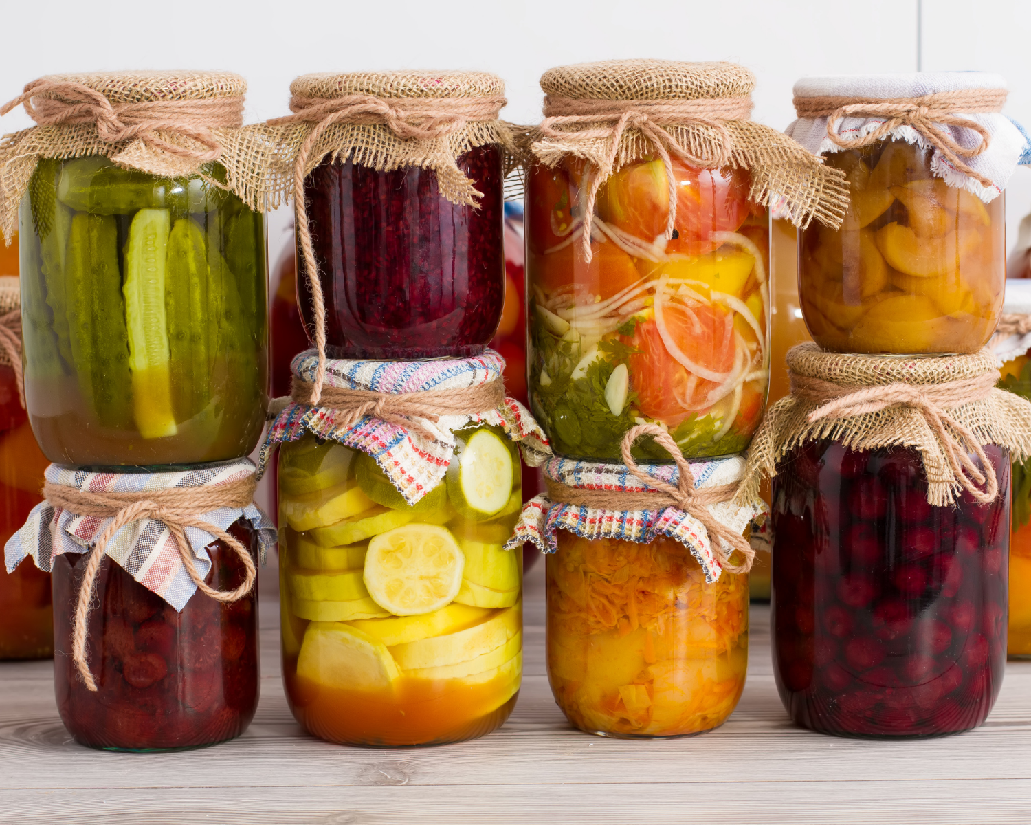 Canning jars full of canned fruits and vegetables. 