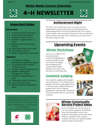 Walla Walla County 4-H Newsletter for Dec 2024 / Jan 2025 with event dates, Achievement Night highlights, and community service ideas.