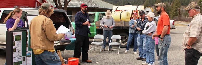 A group of adults gathered in a parking lot for an outdoor workshop, listening to a presenter who is standing near the back of a pickup truck.