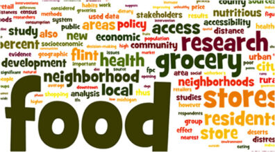 Word cloud featuring terms like “food,” “grocery,” “research,” and “health.”