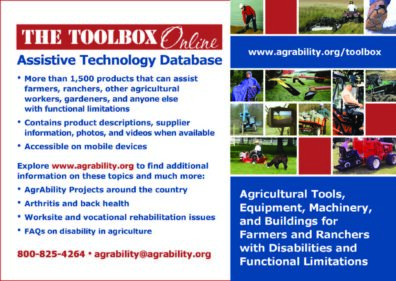 Promotional flyer for The Toolbox Online, an assistive technology database from Agrability.