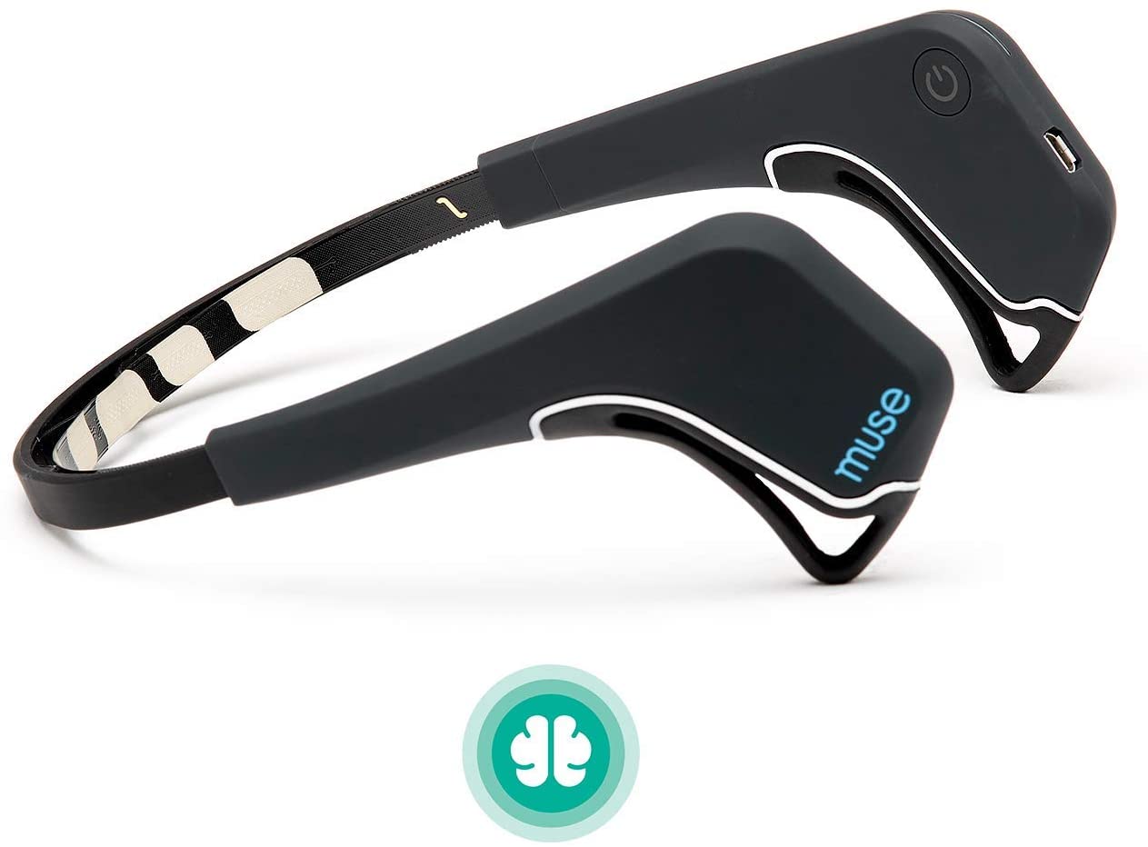 Black Muse headband-style brain-sensing device with silver sensors and power button.