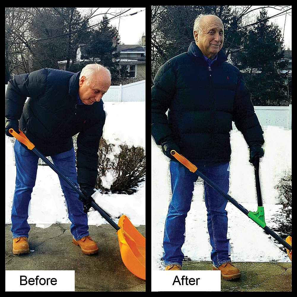 Side-by-side photos showing a man shoveling snow before and after adding an ergonomic handle attachment to the shovel.