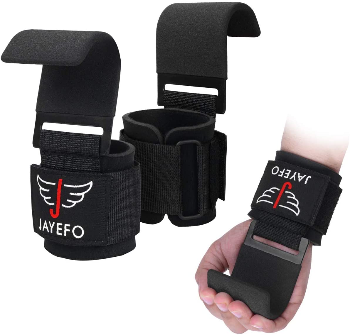 Pair of black Jayefo lifting hooks with wrist straps, one shown worn on a hand for weightlifting.