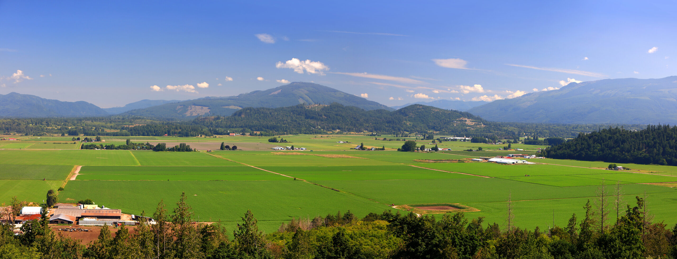 anoramic view of a wide green farming valley with patchwork fields and a few barns, bordered by forested hills and distant blue mountains under a clear sky.