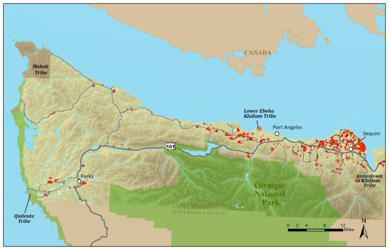 Map of Olympic Peninsula showing farmland highlighted in red.