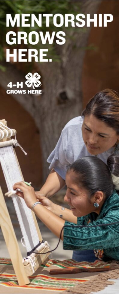 Image of a volunteer teaching a child to weave. Says Mentorship grows here