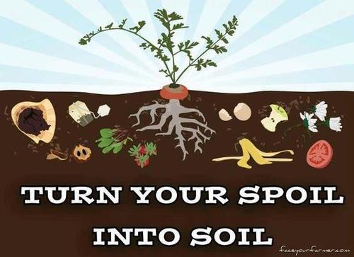 An infographic about composting which states "turn your spoil into soil."