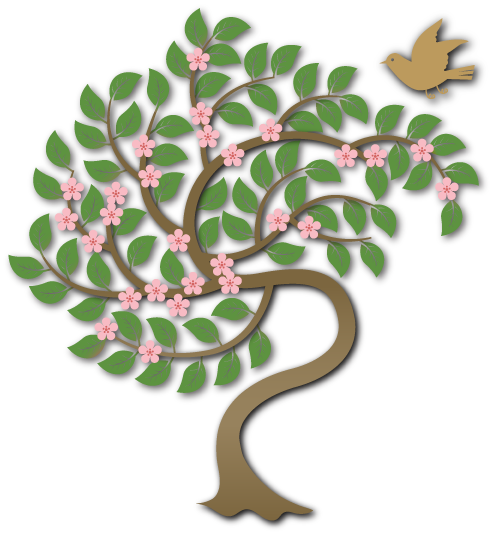 Artistic picture of a cherry tree and a small bird.