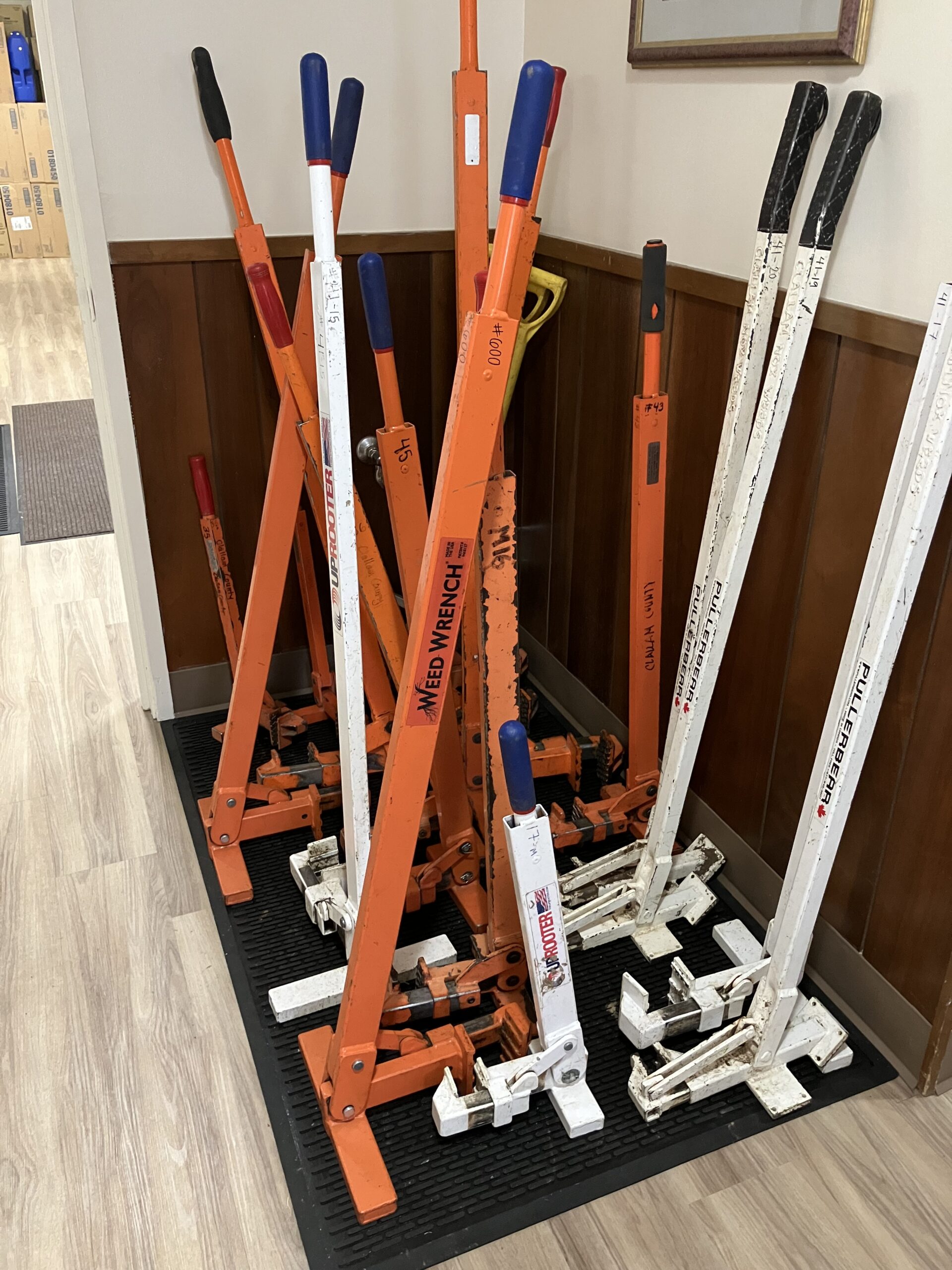 Weed wrenches for pulling scotch broom are stored at the Extension Office.