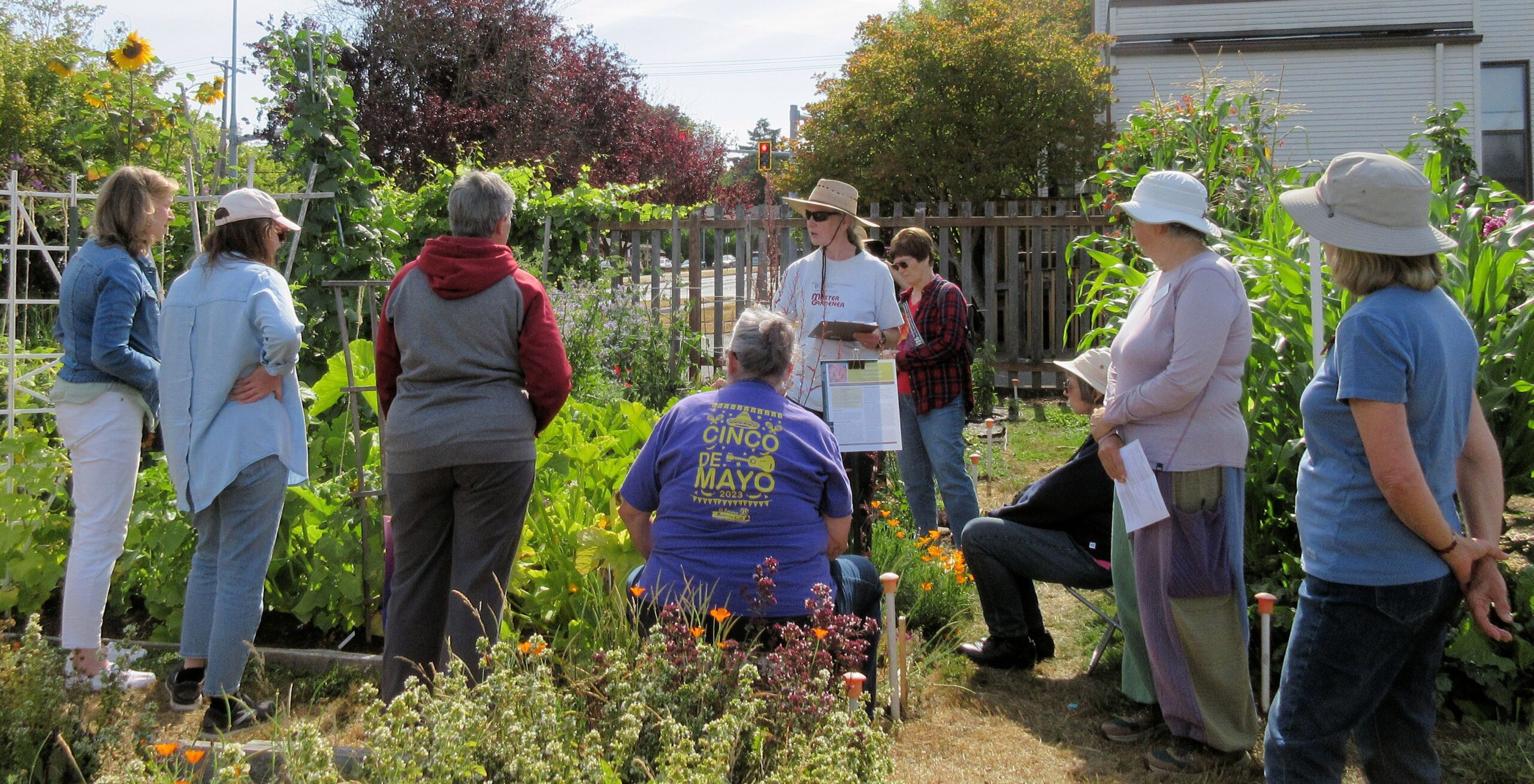 A Master Gardener sharing garden advice to a group of people at the 5th Street Garden.