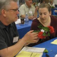 Master Gardener trainees examining a camelia