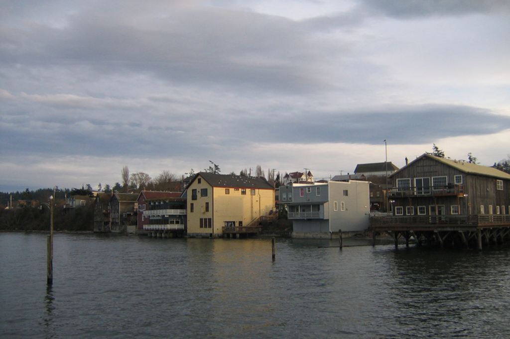 River with houses in the background.
