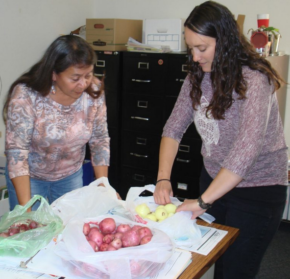 Two people around a table looking at potatoes and onions.
