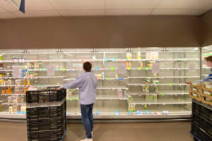 Two people restocking nearly empty refrigerated shelves in a grocery store dairy section.