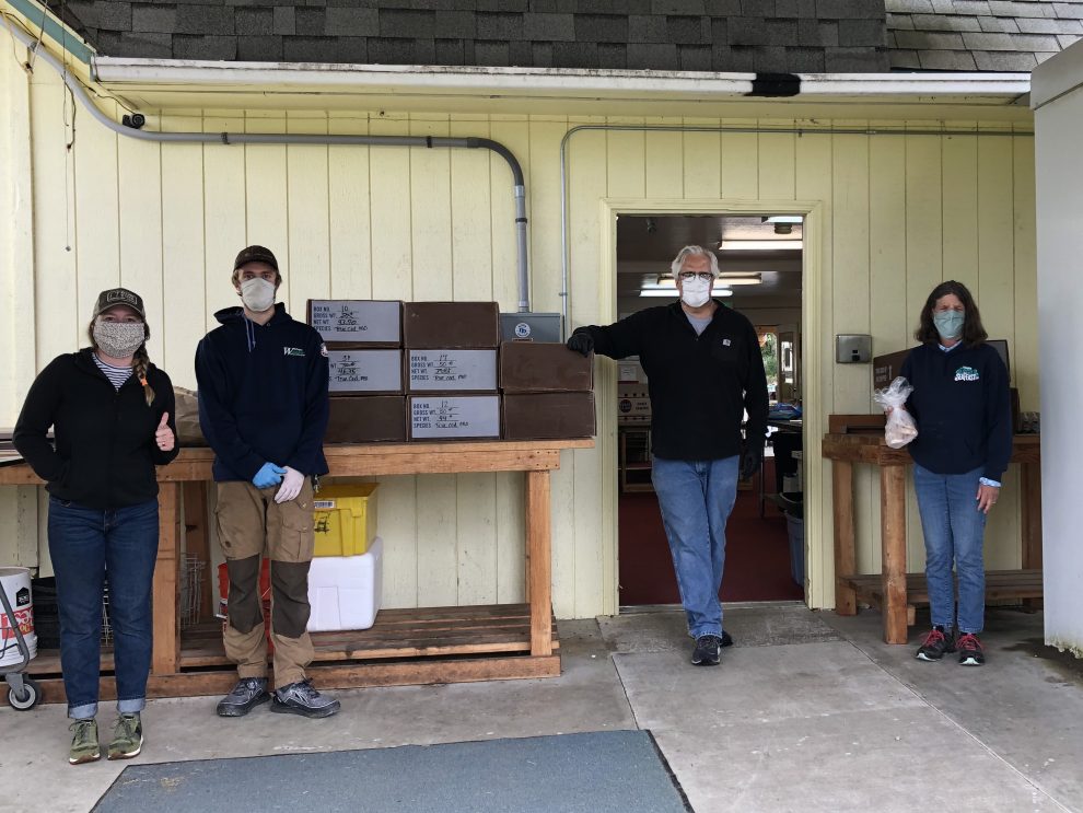 Four people wearing masks standing outside a building near boxes stacked on table.