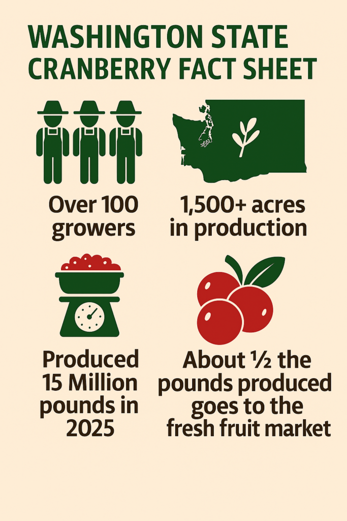 Washington State cranberry fact sheet. With over one hundred growers, over fifteen hundred acres in production, producing fifteen million pounds in 2025, with about half of those pounds producing the fresh fruit market. 