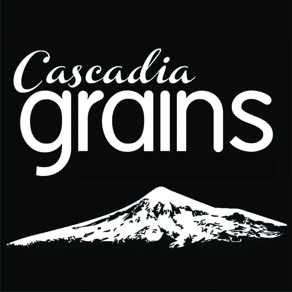 Cascadia Grains logo, black and white with mountain range