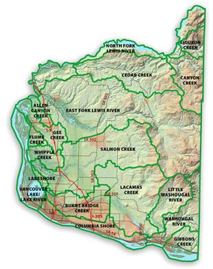Map of the major watersheds in Clark County, showing watershed boundaries and major streams.