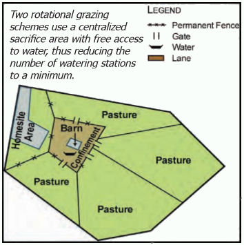 Diagram of rotational grazing with pastures connected to a central sacrifice area and water source.