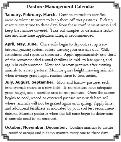 Pasture management calendar with seasonal tasks for grazing and manure care.