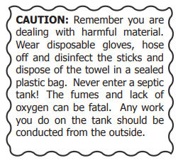 Caution about septic tank safety and handling hazardous materials.