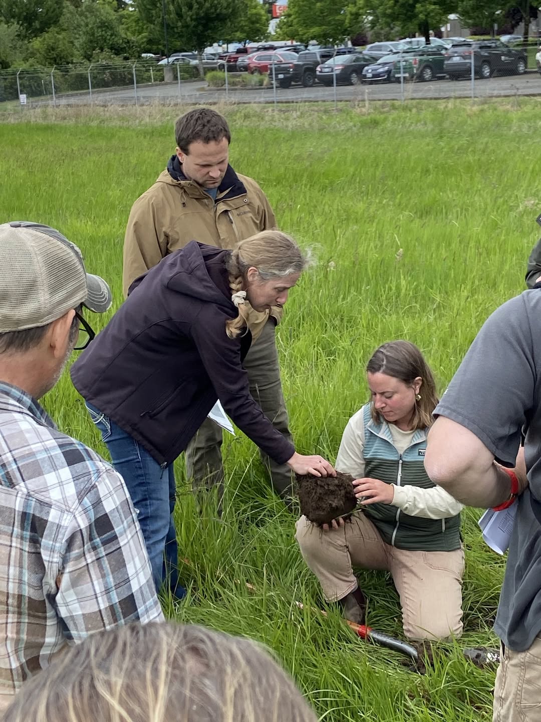 People observing a hands-on activity in a grassy field