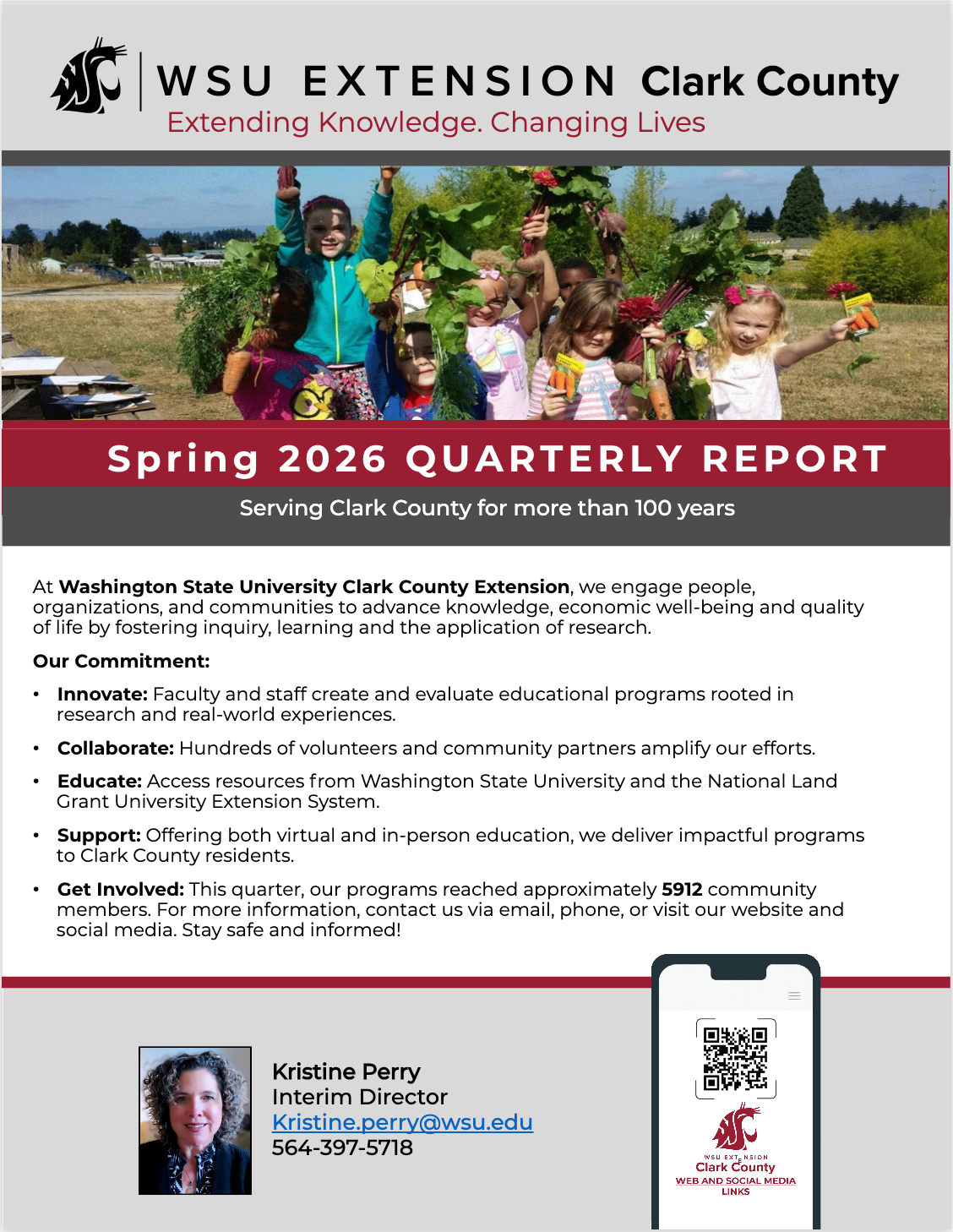 Cover of the WSU Clark County Extension Spring 2026 Quarterly Report featuring children holding freshly harvested vegetables at Heritage Farm.