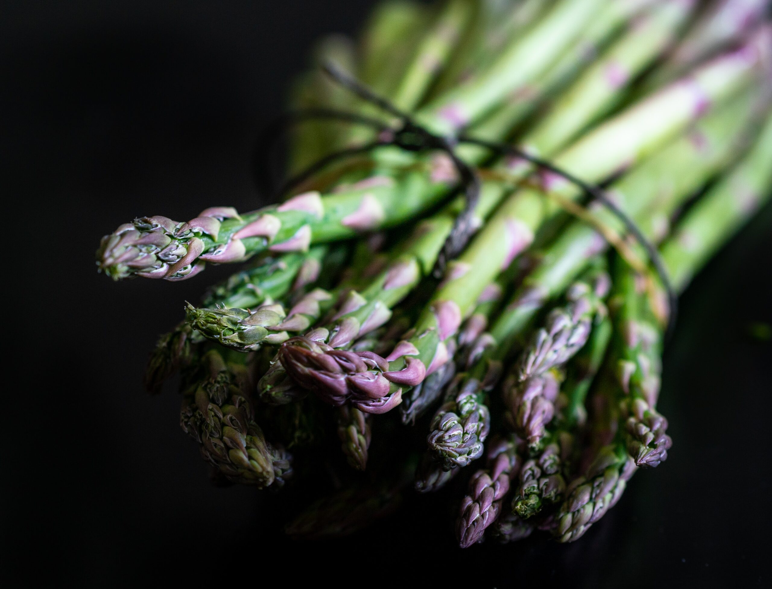Close-up of a bundle of fresh asparagus spears tied together with twine against a dark background.
