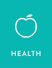 Apple icon above the word ‘Health’ on a teal background, representing the 4-H Health element.