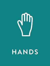 Hand icon above the word ‘Hands’ on a teal background, representing the 4-H Hands element.