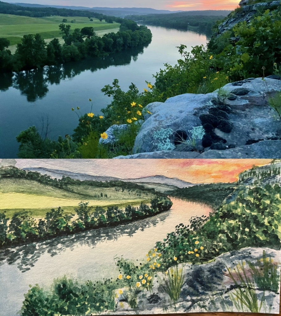 Side-by-side comparison of a river valley at sunset, showing a photo above and a watercolor painting below with similar trees, cliffs, and winding water.