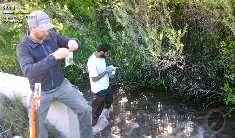 Two people collecting water samples from a pond.